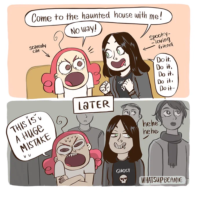 Silly Halloween comic about how my friend convinced me to go to a haunted house with hers (1/2) 