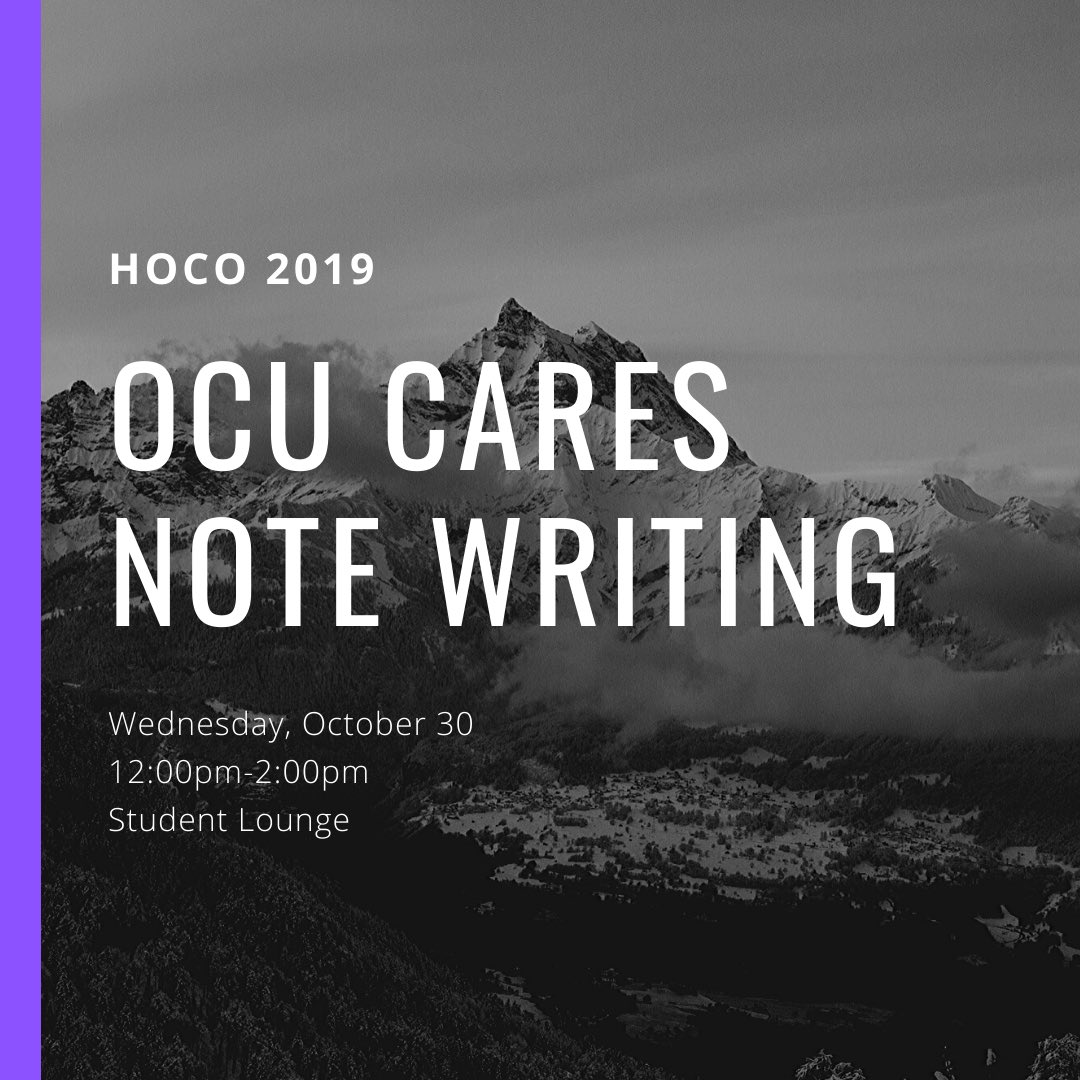 OCU Cares Note Writing is TODAY from 12pm-2pm in the Student Lounge! It’s a come-and-go event, so come learn about your impact through OCU Cares, hear why we decided to partner with Miracle Marathon, and write notes for children staying in Children’s Miracle Network Hospitals!