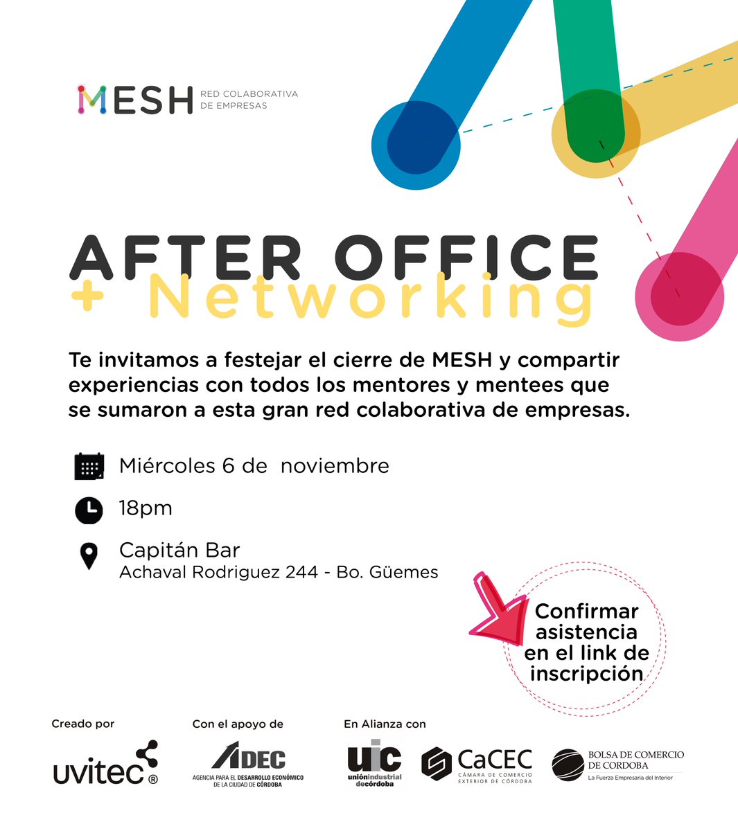 UVITEC's tweet photo. Te invitamos al after de cierre de #MESH, un programa de mentoring cruzado entre empresas. Vení a escuchar experiencias de mentoreo y conocer todo sobre la edición 2020📌Miércoles 6/11 18hs en Capitán Bar
Inscribite: https://t.co/mdtuAiCsfX
@ADECCBA @CaCECba @UICba @BolsaCordoba https://t.co/IvgEsiiWba