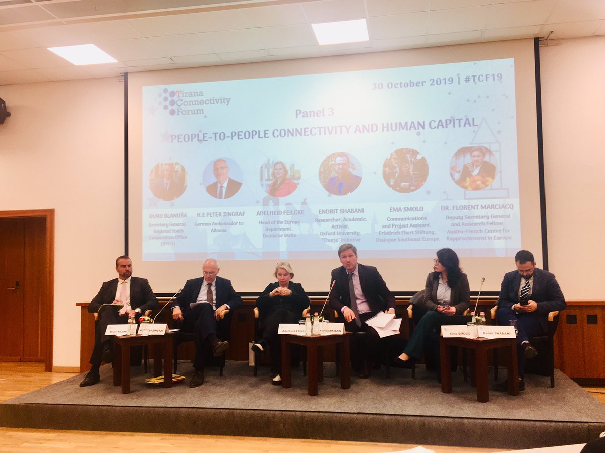 CDIAlbania's tweet photo. #TCF19 panel “P2P connectivity and human capital” kicks off! Focus of discussions: #youthfuture, #migration, #socialconvergence, #democracy https://t.co/0BDF80zSvS
