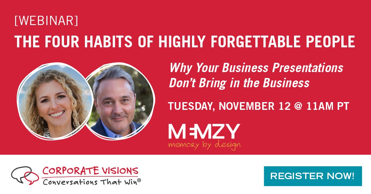 corpv's tweet photo. People will retain less than 1% of your presentation after 48 hours—unless you keep their brains engaged. Learn how to make your message unforgettable by applying proven scientific strategies from Carmen Simon of Memzy and Tim Riesterer: https://t.co/pI3hqmAuYb https://t.co/jL7XYIS5FN