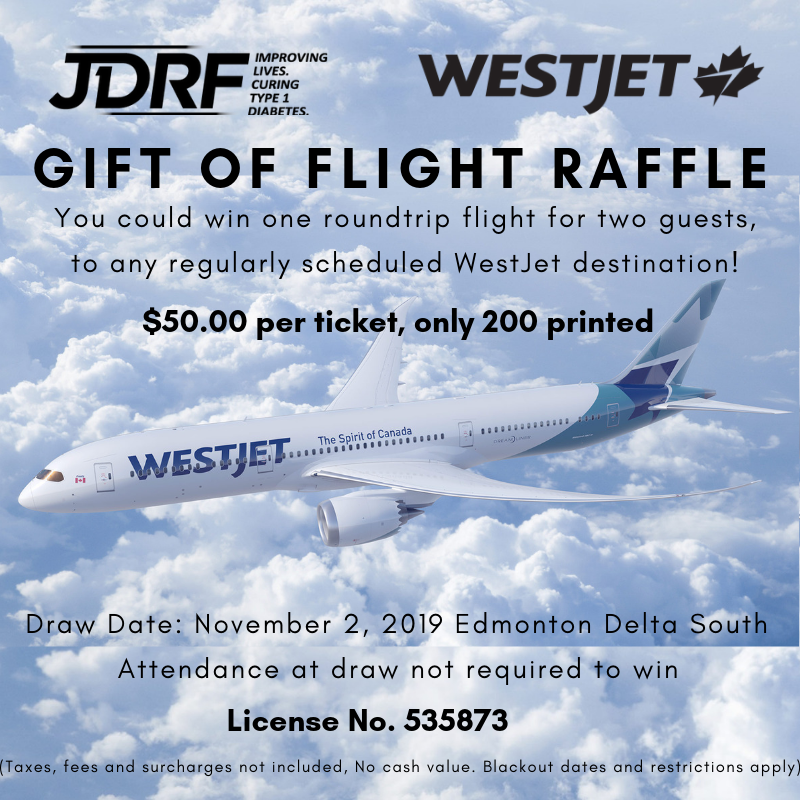 JDRFEdmonton's tweet photo. Get your tickets now for your chance to win one round trip ticket for two people to any regularly scheduled WestJet destination !! To purchase tickets click the link in our bio. Or call the office at 780-428-0343 https://t.co/U0oBSm0psr