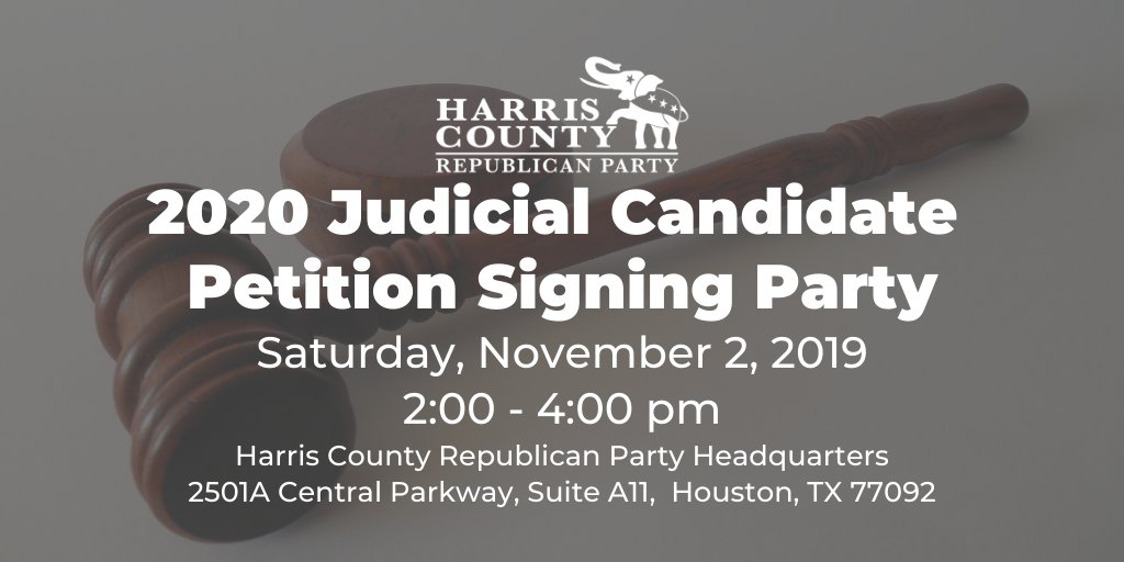 HarrisCountyRP's tweet image. This Saturday, join us for a 2020 Judicial Candidate Petition Signing Party! 

Enjoy apps and drinks, mingle with fellow Republican voters, precinct chairs, and candidates, and help us fill the ballot so we can #WinBackHarrisCounty!

RSVP here: bit.ly/333cOLe