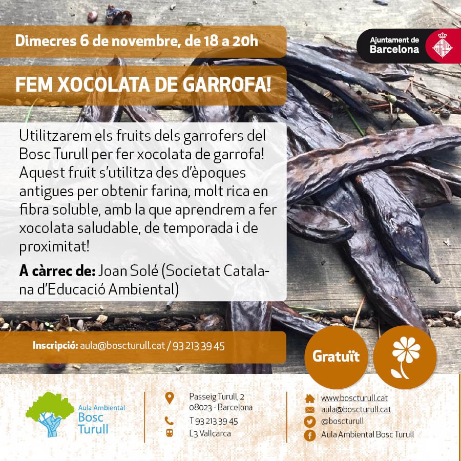 📢Atenció! Nova data de l'activitat: "Fem Xocolata de Garrofa!"
Serà el dia dimecres 6 de novembre, de 18 a 20 h a l'Aula Ambiental Bosc Turull.
Animeu-vos a provar aquesta xocolata saludable, de temporada i de proximitat! 🍫

Inscripcions a: 
aula@boscturull.cat / 93 213 39 45