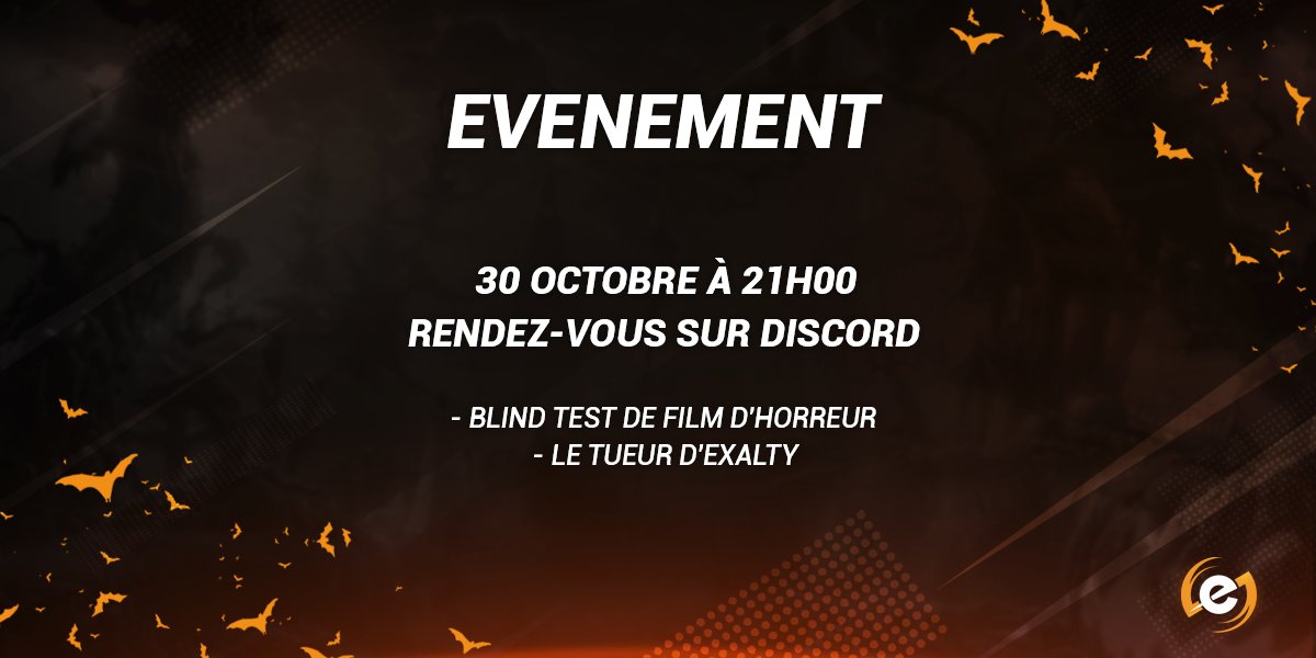 Exalty_FR's tweet image. Exalty vous propose un événement spécial Halloween👻

Rendez vous ce soir à 21h sur notre discord 😈

Il y aura : 
1⃣ Un blind test Film D'horreur 
2⃣ Un Loup Garou revisité à la sauce Exalty qui s'appelle "Le Tueur D'Exalty" 🎃

▶️ discord.gg/rJbs2Yv 

A ce soir ! 🧛‍♂️