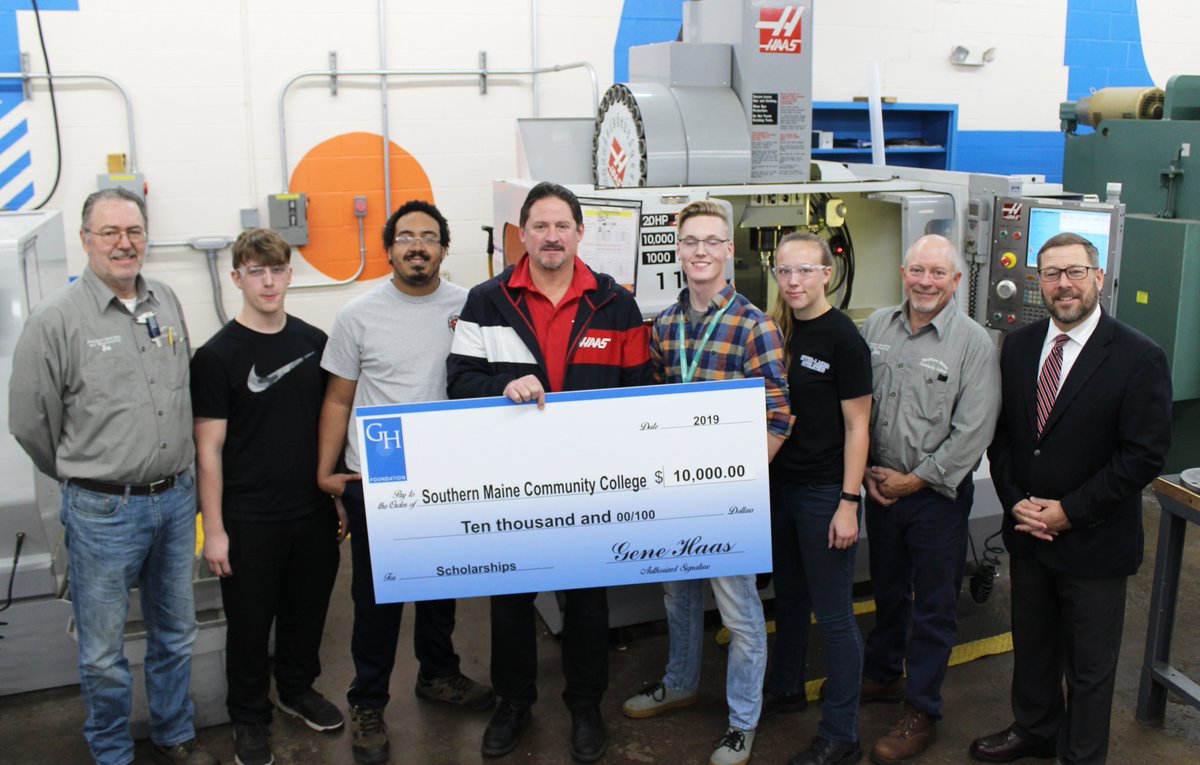 smccmaine's tweet photo. Thank you to the Gene Haas Foundation for its $10K scholarship donation for Precision Machining students. Marc Lapointe (w/ check) of Haas Automation is shown with scholarship recipients, instructors and President Cassidy. #manufacturing https://t.co/zU83rPaRz0