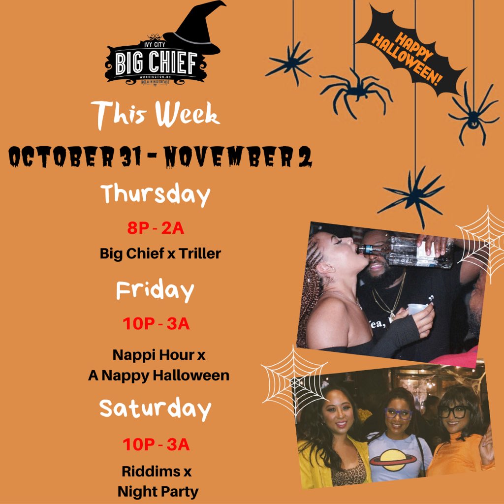 What’s happening y’all! It’s HalloWEEK! (Halloween + Week)!! Dress your best costume and come to Big Chief to party!!! We have our very own Halloween party... Triller! Visit our calendar for more details and over RSVP links! Have a Happy Halloween! 🎃
