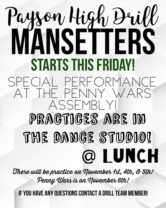 PaysonLions's tweet image. Tag a friend who should do the Mansetters! Our drill team will be holding the first Mansetters practice this Friday, November 1st during lunch in the dance room. Performance will be during the Penny Wars assembly on November 6th