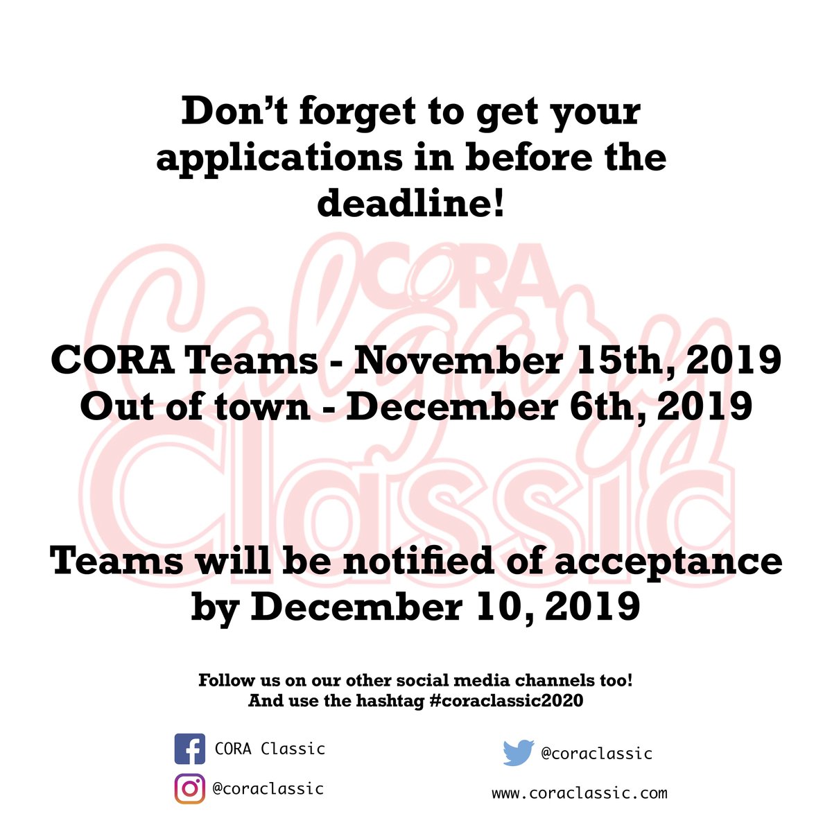 coraclassic's tweet photo. Get your application in before its too late!

#coraclassic2020 #ringette #ringetteab #ringettecanada #ringettecalgary #tournamenttime #playitloveitliveit #monsportmapassion https://t.co/QqkHI1Dr0n