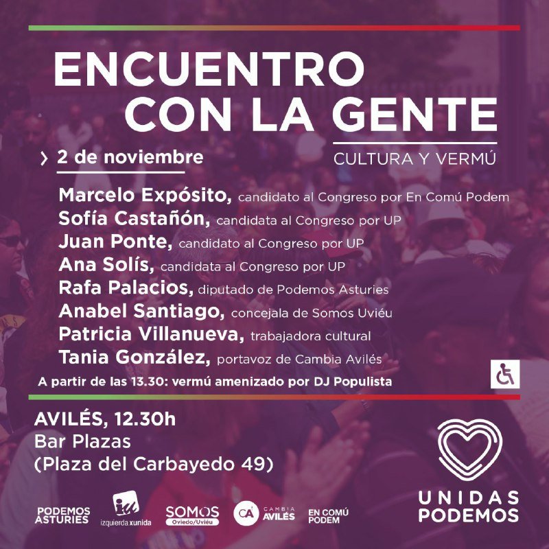 CambiaAviles's tweet photo. #Avilés
Alcuentro Cola Xente.
Encuentro Con La Gente.
El 2 de noviembre a partir de les 13.30 h vermú amenizado por DJ Populista, en el Bar @Plazas.
Plaza del #Carbayedo, 49. https://t.co/juxoX4xdiz