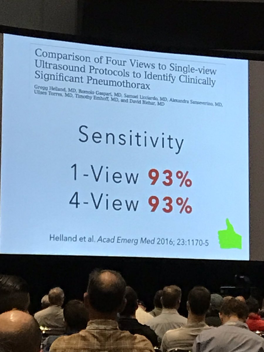 DO_CKo's tweet photo. Emergency ultrasound for pneumothorax. 
Less work is not inferior to more work‼️Sensitivity for PTX in one view vs. four views is the same #ACEP19 https://t.co/bMkUnTctIn