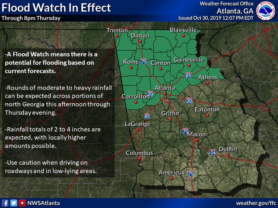 A Flood Watch is in effect for portions of North Georgia for this afternoon through 8 PM Thursday. Rainfall totals of 2-4 inches are expected with locally higher amounts possible. #gawx