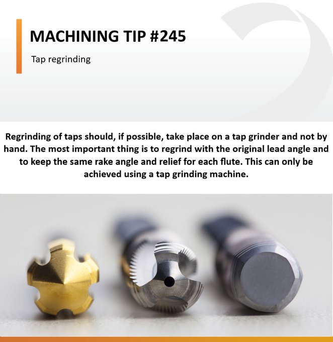 RT <a href="/DormerPramet/">Dormer Pramet</a> #Machiningtip 245: Regrinding of taps should, if possible, take place on a tap grinder and not by hand. The most important thing is to regrind with the original lead angle and to keep the same rake angle. ow.ly/5ele50wSoiR
#tapping #threading #regrinding