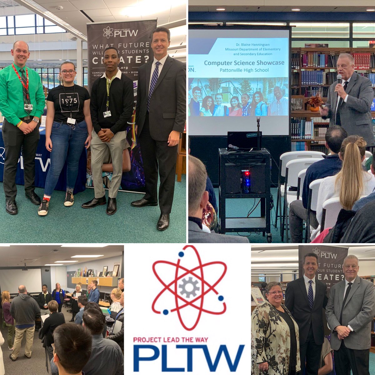DavidDimmett's tweet photo. Thanks to the incredible students and educators in @PattonvilleSD! School, business, and policy leaders from across the #STL region joined us at @Pattonville_HS to learn more about their model #PLTW #ComputerScience pathway https://t.co/FMH0XM8yzV