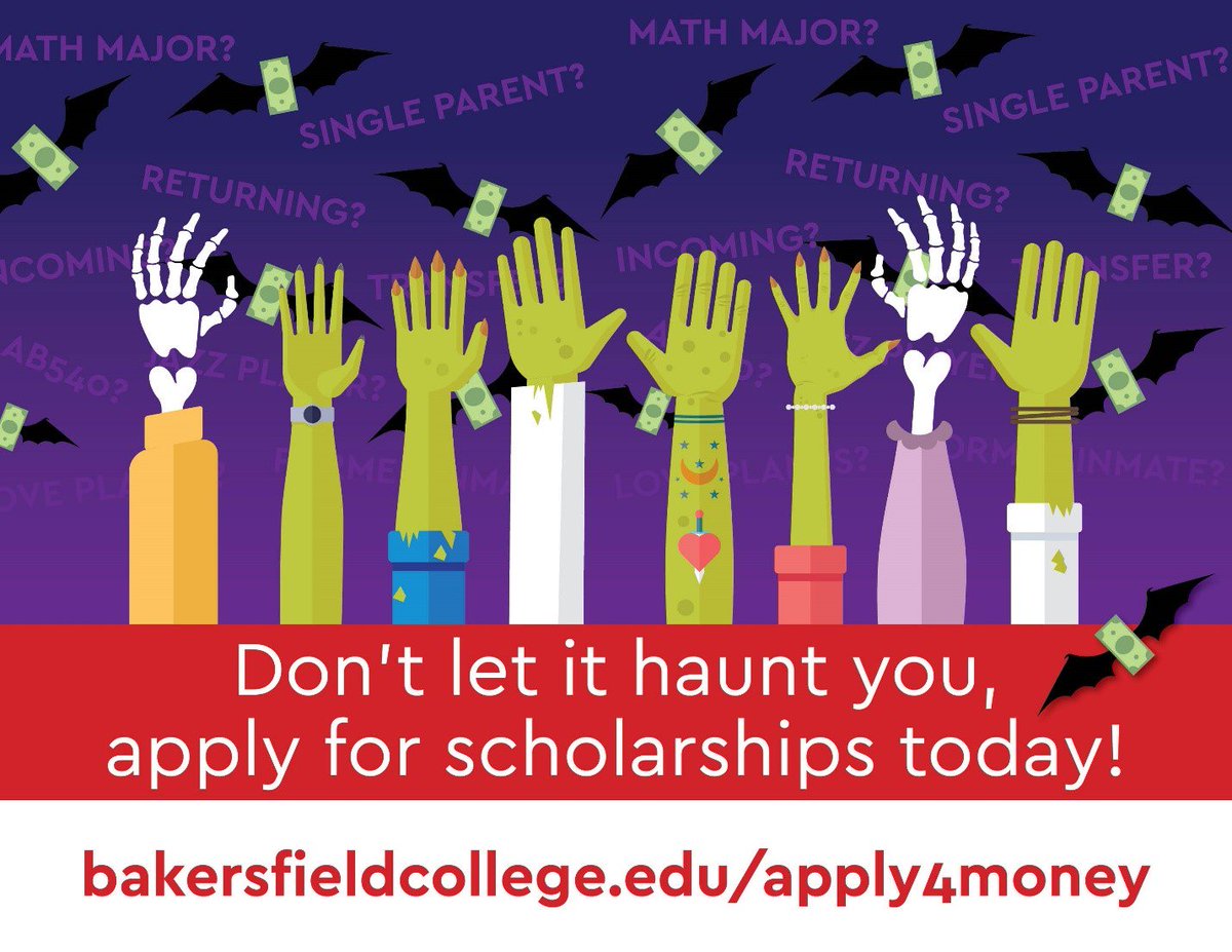 bc_faid's tweet photo. Momma didnโt raise no ghoul!
Apply for #bakersfieldcollege #scholarships today at https://t.co/DSdueyRd5V.
Need help? Attend an upcoming workshop: https://t.co/VLryOHwj6m
#APPLY4MONEY #WEAREBC
@bakersfieldcollege https://t.co/Hg8NvvdJfl