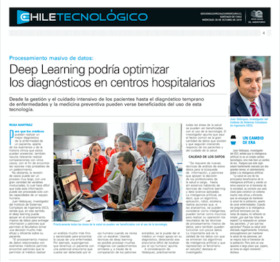 "El procesamiento masivo de datos relacionados con exámenes médicos permite encontrar patrones que le permitan al médico realizar un análisis mucho más fino y sectorizado para encontrar la causa de una enfermedad" 

Señaló nuestro Director <a href="/juandvelasquez/">Juan D. Velásquez</a> al diario El Mercurio.