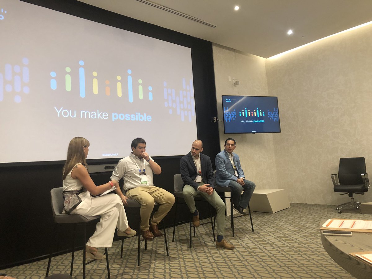 rspasquini's tweet photo. @Cisco_LA Customer Panel with Parque Arauco (Chile), Banco del Pacifico (Ecuador) and Grupo Éxito (Colombia). Very interesting perspective from different verticals and countries on Digital Transformation #CSCAPE19 #CiscoLiveLA https://t.co/VKmufdCi9j
