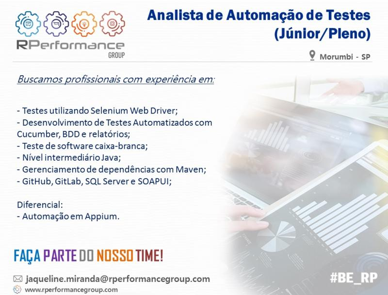 ortensi's tweet photo. Oportunidade de carreira como Analista de Automação de Testes no RPerformance Group. Vagas para Pleno e Júnior para atuar com Selenium Web Driver, Cucumber, BDD, SOAPUI, Git, SQL Server e Maven. #BE_RP
https://t.co/VOHxKWFhPo https://t.co/cTHU5dRMQ3