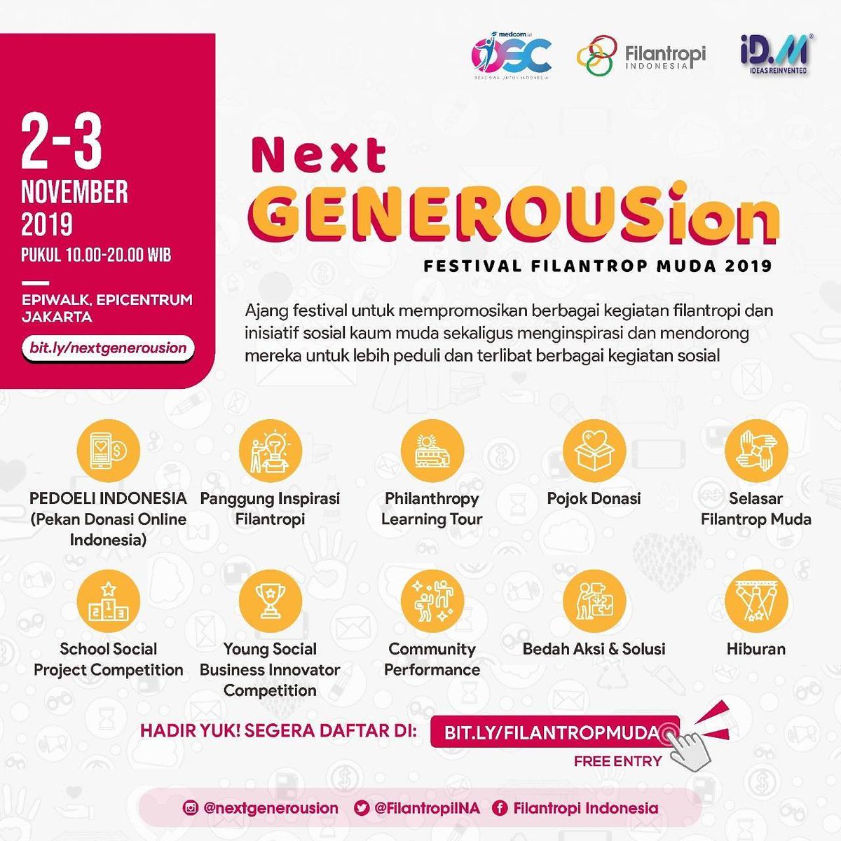 BeasiswaOSC's tweet photo. Halo #FilantropMuda, weekend ini belum ada acara? Yuk datang Next GENEROUSion Festival Filantrop Muda 2019.
Yuk berkontribusi & mendapat inspirasi dari aksi sosial anak muda di Indonesia.
π 2 - 3 November 2019
π Epicentrum Jakarta
#FilantropMuda
#mudaberkontribusi https://t.co/aUN0mH9SVv