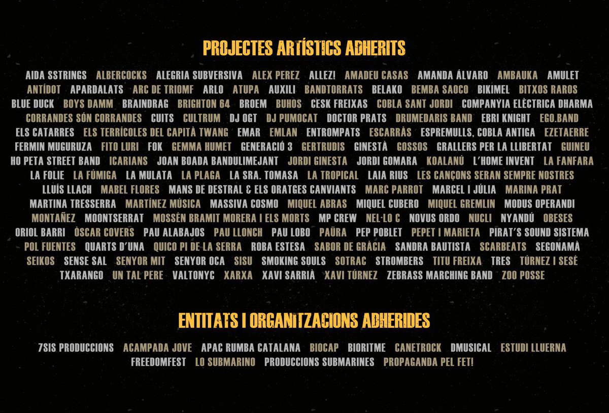 ⚠️Recordeu que les adhesions al manifest segueixen obertes❗️
✊🏽Seguim unides contra la repressió! 
Pel moment, som més de 140 projectes artístics que formem part de #MúsicsContraLaRepressió.
T'apuntes?
musicscontralarepressio.cat/ca/