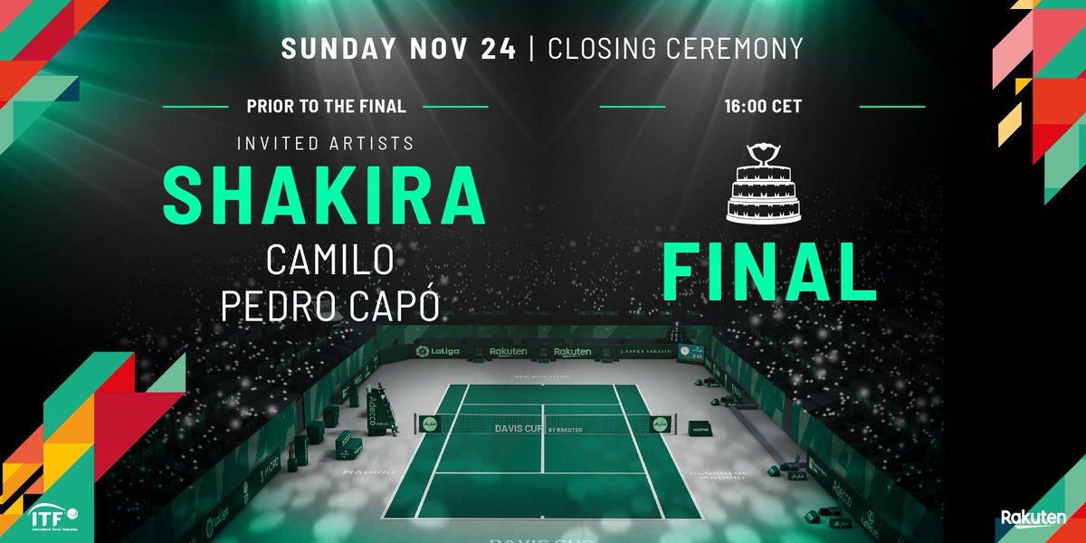 DavisCupFinals's tweet photo. 🎤 Closing Ceremony 🎤

Artists for #DavisCupMadridFinals #byRakuten Closing Ceremony on November 24th are confirmed 🤩

See you in Madrid 👋  @shakira @CamiloMusica @pedrocapo 

More info ➡️ https://t.co/kvPW3VQq1e https://t.co/vKmFeFJ8Ei