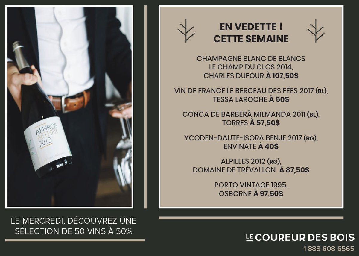 50% sur une sélection de 50 vins ce soir au Bistro! 
Charles Dufour <a href="/oenopole/">OENOPOLE</a>
Tessa Laroche Bambera Sélection
<a href="/familiatorres/">Familia Torres</a> <a href="/Dandurandwines/">Dandurand.</a>
Envinate <a href="/Symbiose/">Tango Miguel</a>
<a href="/Trevallonwine/">Ostiane Icard</a> 
Osborne