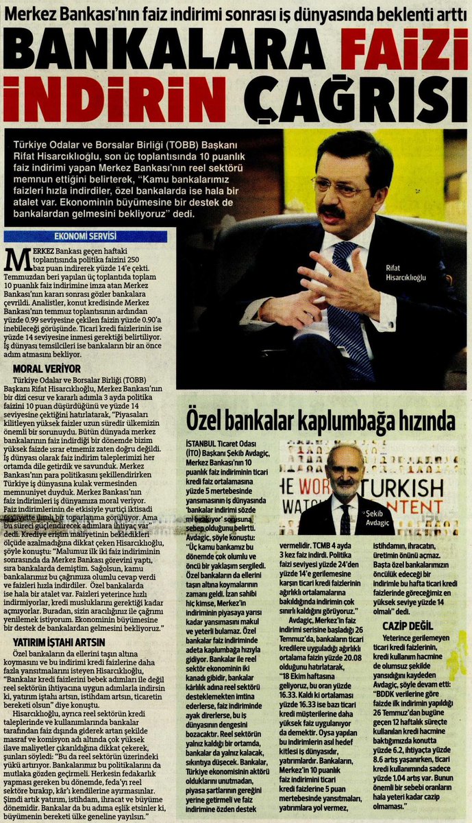 Bankalara faiz indirimi çağrısını tekrar yapıyorum. Özel bankalarda hala bir atalet var. Faizleri yeterince hızlı indirmiyorlar. Ekonominin büyümesine bir destek de bankalardan gelmesini bekliyoruz.