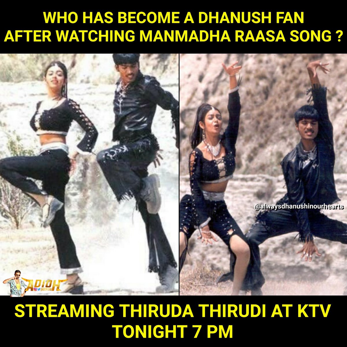 Today Gonna Enjoy Watching My Two Cuties 😍😘❤
<a href="/dhanushkraja/">Dhanush</a>
<a href="/chayasingh16/">Chaya Singh</a>

#ThirudaThirudi 
#Manmadharasa
<a href="/KTVTAMIL/">K TV</a> √