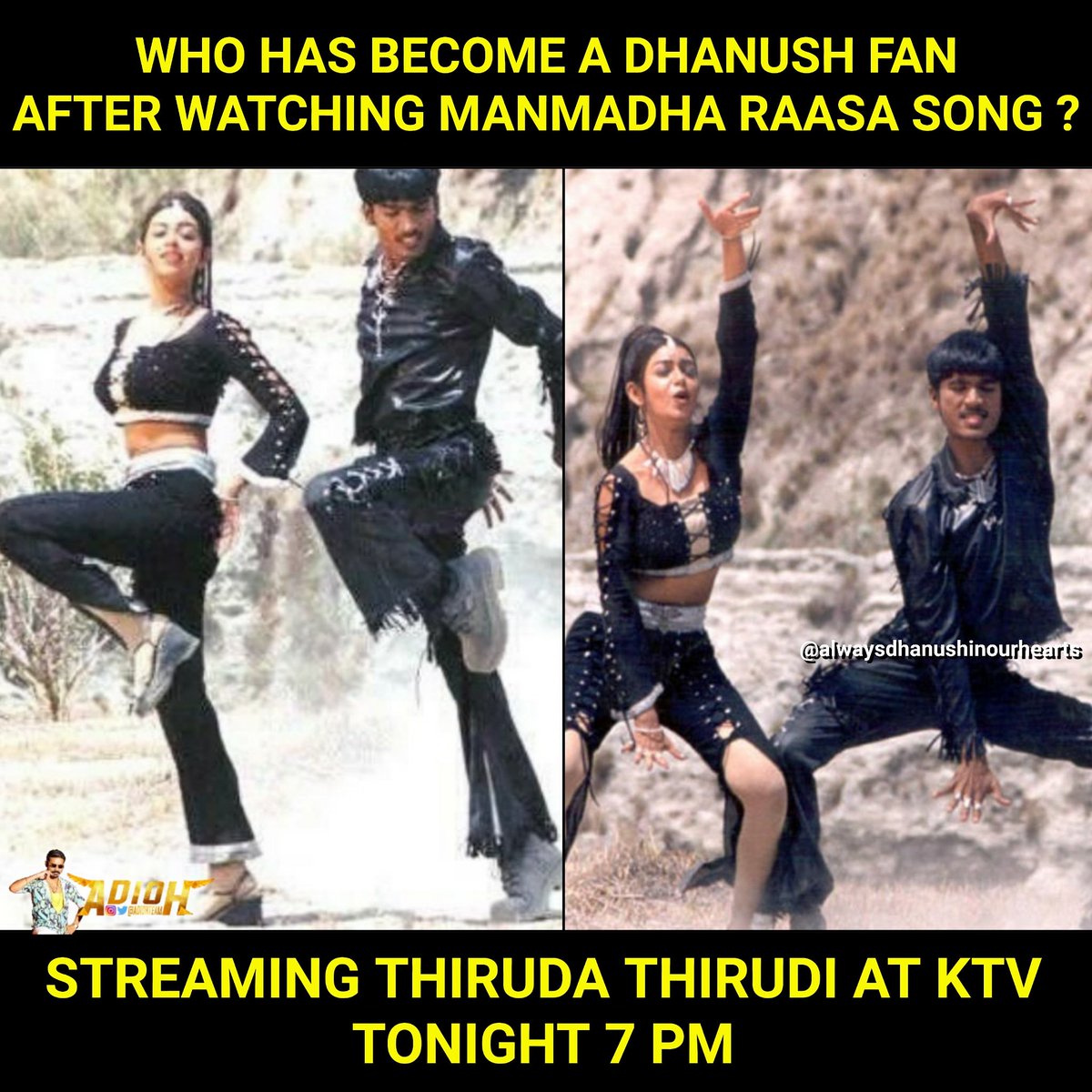 Today Gonna Enjoy Watching My Two Cuties 😍😘❤ @dhanushkraja @chayasingh16 #ThirudaThirudi #Manmadharasa @KTVTAMIL √