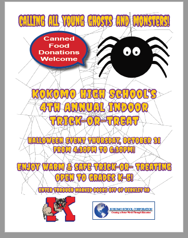 Calling all KHS little monsters!  Come out to our warm indoor trick or treating Halloween night at 4:30! Enter at door 45