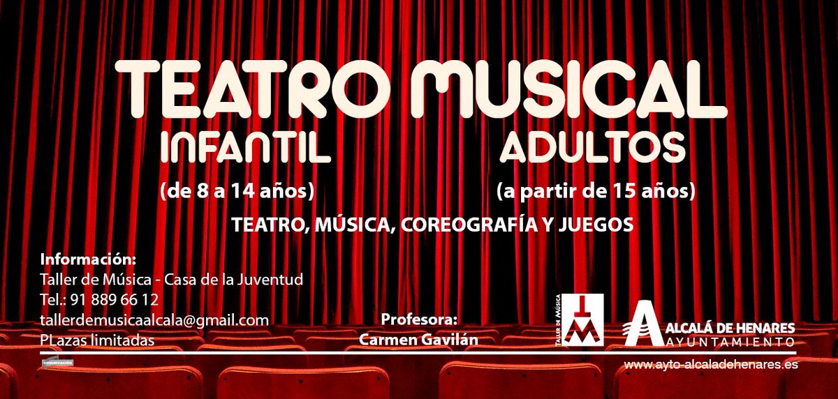 TALLER DE MÚSICA Taller de Música de Alcalá de Henares
¡INUEVOS GRUPOS DE TEATRO MUSICAL!
El Taller de Música de la Concejalía de Juventud te propone nuevos grupos de Teatro Musical. ¡Infórmate!