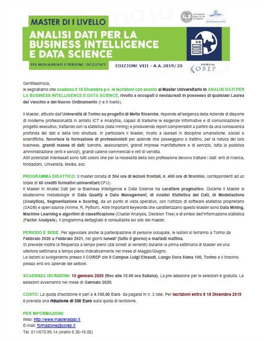 MetisRicerche's tweet photo. Scadono il 18 Dicembre le iscrizioni con sconto al Master Universitario in ANALISI DATI PER LA BUSINESS INTELLIGENCE E DATA SCIENCE https://t.co/ml9tsiuTaY