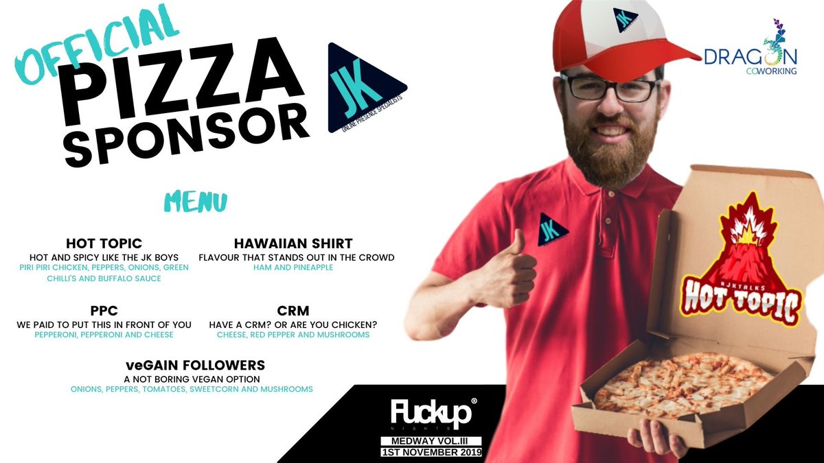 wearejkonline's tweet photo. Have you ever F#!ked Up?
We have and we are excited to be sponsors of the Dragon Coworking F#!kUp event this Friday.
We are sponsoring the Pizzas and what better way to promote it than by making Joe look like a fool.
Check the Menu below!
#Failurenight @dragoncoworking https://t.co/0Zc1CmV6nq