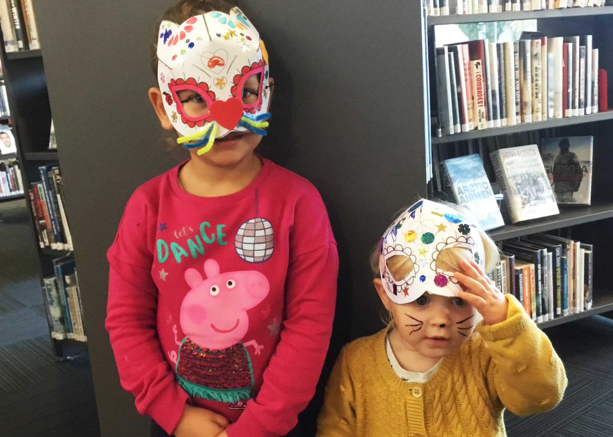 stocktonlibrary's tweet photo. In honour of #Halloween tomorrow and #NationalCatDay yesterday, our little library fur-iends 🐱 at #StocktonCentralLibrary made some fantastic spooky feline masks! #stocktonlibraries #halftermcrafts #getcreative https://t.co/tBtEzsgx4c