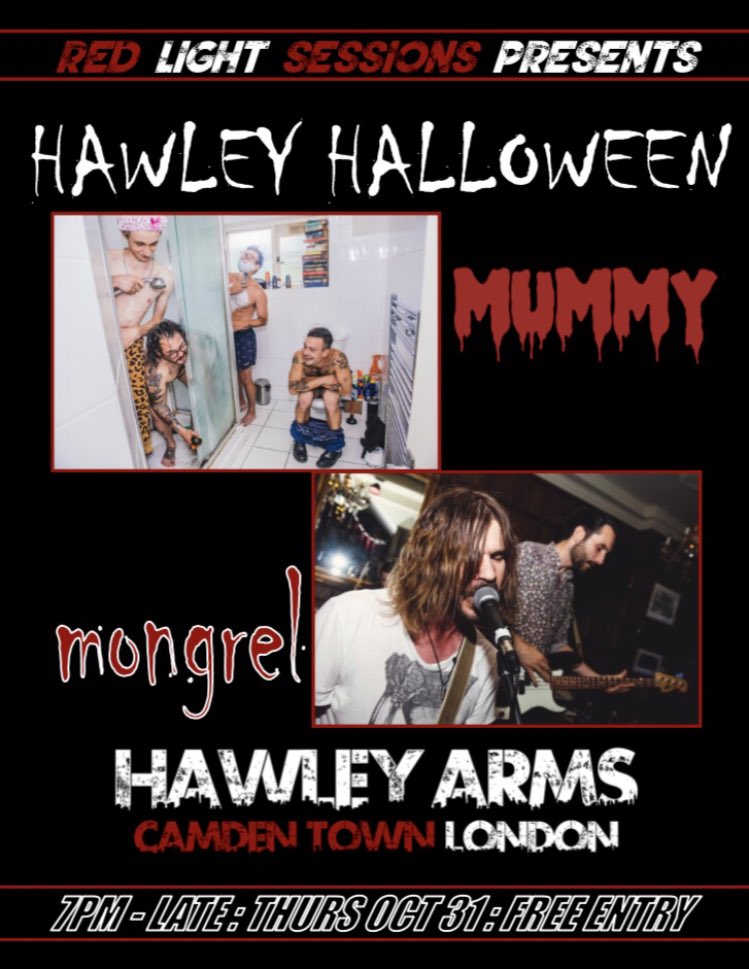 RLSessions's tweet photo. Tomorrow night, HALLOWEEN fun! @weareyourmummy  / Mongrel LIVE @hawley_arms FREE ENTRY! #Halloween #livemusic #camden https://t.co/qJu29DsmyE