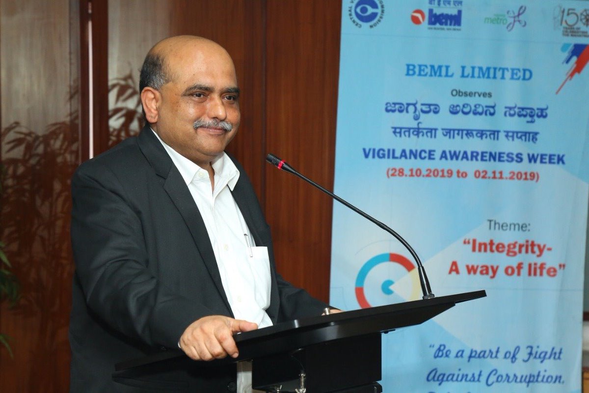 Shri Anindo Majumdar, IAS, Secy. CVC at the Vigilance Awareness Week 2019 @ BEML Soudha. He urged to include ethics in all training programmes, which will strengthen the moral fibre in all of us.