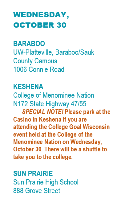 CollegeGoalWI's tweet photo. More opportunities to get that spoooooooky #FAFSA conquered today! Come out for free FAFSA assistance in Baraboo, Keshena, and Sun Prairie this evening, 6 p.m. 🎃 (Note: park at the casino in Keshena; there will be a shuttle to campus.) https://t.co/9rTjgTkmJu