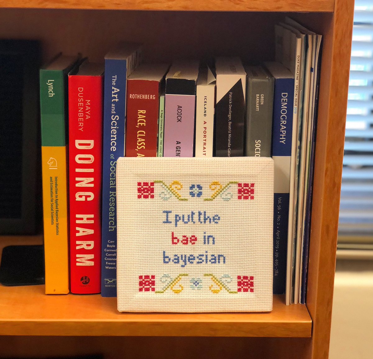 jswest's tweet photo. Should I have been working on multistate life tables this weekend? Yes. Did I have more fun designing this pattern and counting stitches? Absolutely.
#crossstitch #statisticsjokes #officedecor #phdlife #bayesian https://t.co/EjQfpiR9Qb