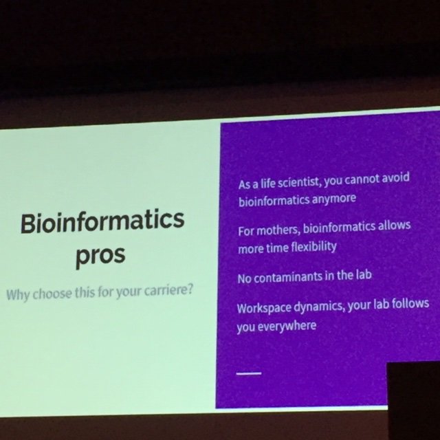 Tuliodna's tweet photo. Bioinformatics a very good career for Women! Some of the pros from Dr. Nicole Scherer ... flexible time, no comtaminants in lab, lab follow you everywhere and of course, it is fun! #womenSTEM #xmeeting #ab3c @RSGBrazil #bioinformatics https://t.co/IRFdfTB6Vj