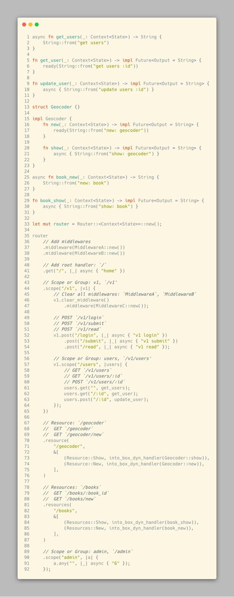 async fn get_users(_: Context<State>) -> String {
    String::from("get users")
}

fn get_user(_: Context<State>) -> impl Future<Output = String> {
    ready(String::from("get users :id"))
}

fn update_user(_: Context<State>) -> impl Future<Output = String> {
    async { String::from("update users :id") }
}

struct Geocoder {}

impl Geocoder {
    fn new(_: Context<State>) -> impl Future<Output = String> {
       ...