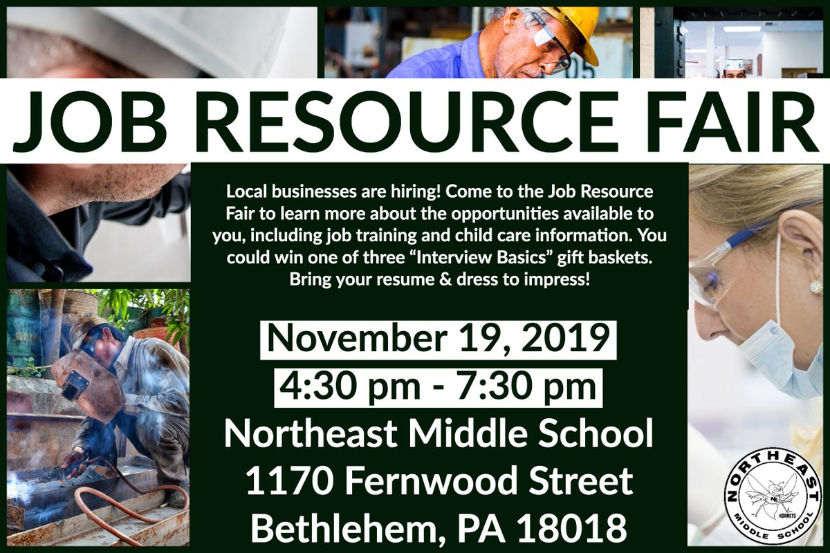 NEMScommunity's tweet photo. Save the date! Over 13 employers &amp; organizations that want to help YOU get hired will be @BASDnortheast during our parent-teacher conferences. This is a FREE event &amp; is open to the public. Stay tuned for more details as we get closer to 11/19! #NortheastPROUD @BethlehemAreaSD https://t.co/mb7qewMPUf