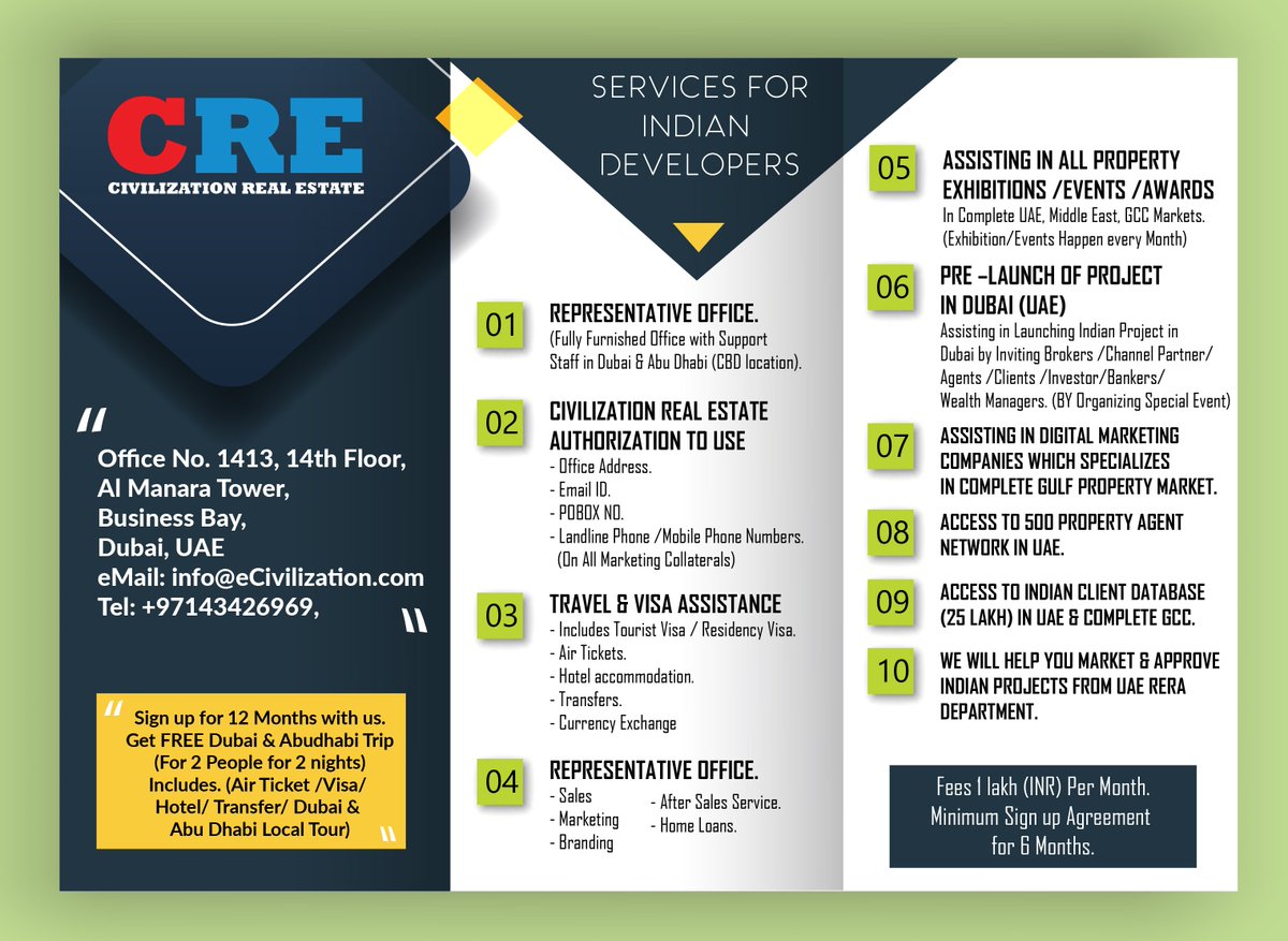 Opportunity to have fully furnished office (with all documentations) in UAE and full assistance. You can start it today !!! (Free offers as mentioned in flyer for first 25 bookings)
Call or Whatsapp: 
+971-561611612 (UAE)
+91-8805617461 (India)
Email: info@ecivilization.com