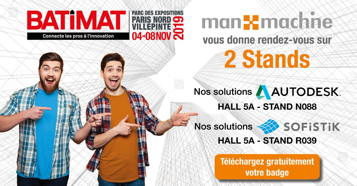 MaMFrance's tweet photo. J-5 avant @Batimat, le salon professionnel de la construction ! Notre équipe d'experts vous présente les solutions #SOFiSTiK sur le stand R039 / Hall 5A et les solutions @autodesk sur le stand N088 / Hall 5A 😊😊
Obtenez votre badge gratuitement ⬇️
https://t.co/OhEL6mT6FV https://t.co/WuI5MbwEkp