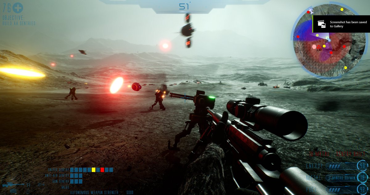 100HrGames's tweet photo. Hud update:
Showing Energy, Metal & Fuel Amounts, Mining Rate, Text Updates, Weapon Inventory, Sentry Weapon Health Monitor, Player Health, Objective, Heading, Small Minimap.
A lot to monitor! #videogames #videogamesaddict #gaming #gamer #games #artificialextinction #pcgaming https://t.co/Q03FhsSTxi