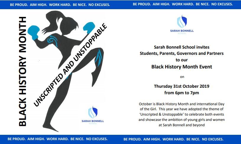 SBonnellSchool's tweet photo. Sarah Bonnell will be hosting a Black History Month Event tomorrow celebrating both Black History & International Day of The Girl; Showcasing the ambition of young girls and women @SBonnellSchool and beyond.
#BlackHistoryMonth
#InternationalDayOfTheGirl
#UnscriptedandUnstoppable https://t.co/LkpAql1yPp