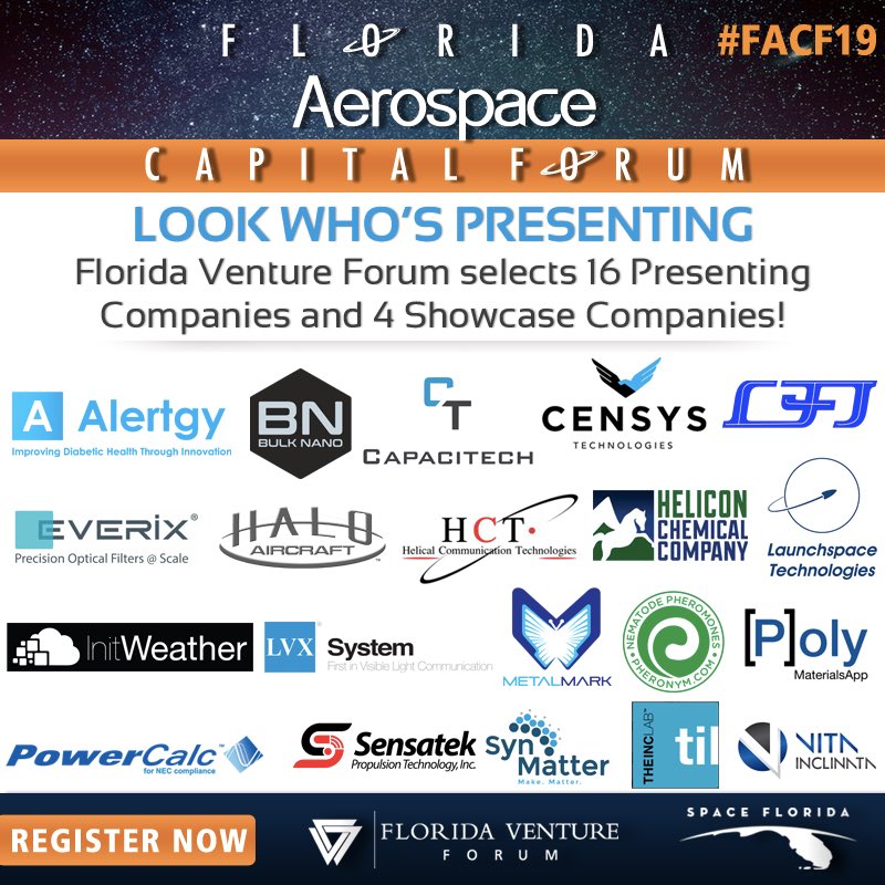 flventure's tweet photo. So many great companies presenting at #FACF19 including @alertgy @BulkNano @CensysTech @HaloAircraft @powercalc @TheIncHub - see the full list at: https://t.co/PSHnMWDWRT https://t.co/IsCAQLZjjh