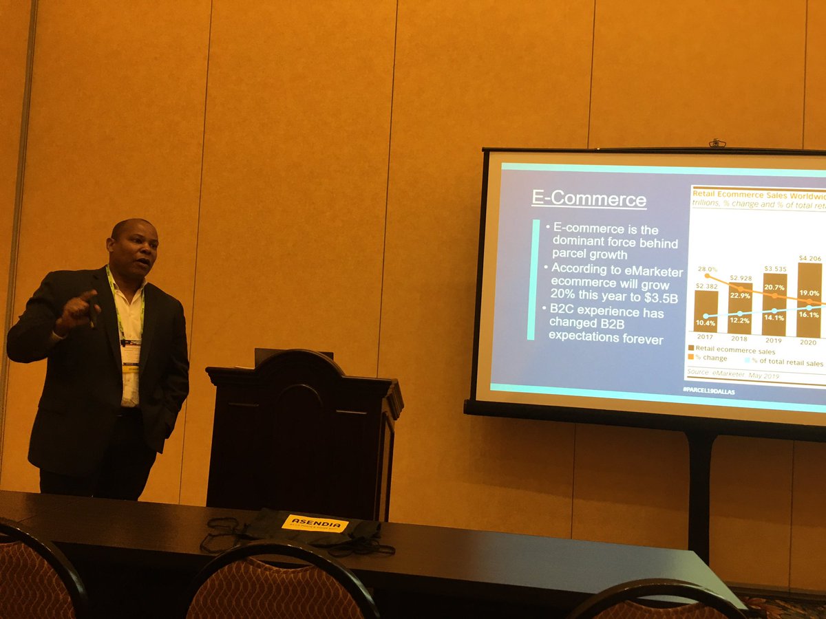 DCVelocity's tweet photo. “Inventory and micro-inventory is the tail that’s going to wag the e-commerce dog,” Bell Creek Partners CEO Andrew Kelley says about urban parcel lockers and home delivery congestion, at @PARCELForum #parcel19dallas https://t.co/oklT6xGkNj