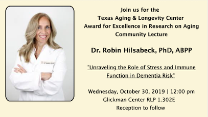 TxAging's tweet photo. Today's the day!  Join us as we present the Texas Aging and Longevity Center Award for Excellence in Research on Aging to Dr. Robin Hilsabeck. We'll hear her community lecture "Unraveling the Role of Stress and Immune Function in Dementia Risk." Reception to follow. #Aging #Award https://t.co/vc189tz6r9