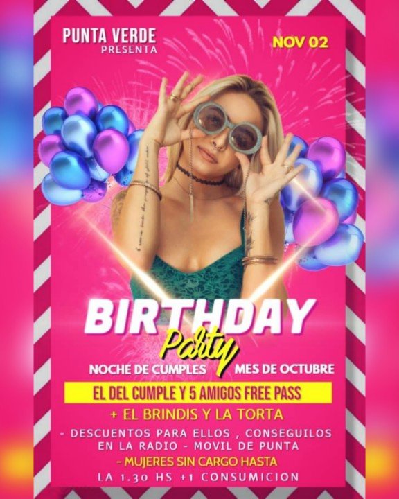 PuntaVerdeok's tweet photo. Sábado 2 de noviembre 🙌 Noche de cumples 🎉 el del CUMPLE y 5 amigos FREE PASS + el BRINDIS y la TORTA 🍻 🍰  | DAMAS sin cargo hasta la 1:30 hs | CABALLEROS conseguir su DESCUENTO en la RADIO o el MOVIL DE PUNTA 
¡ Volvemos con + Fiesta ! 🍻👏 ¿ están listos ? No paramos 👈 https://t.co/seY9FtYsXG