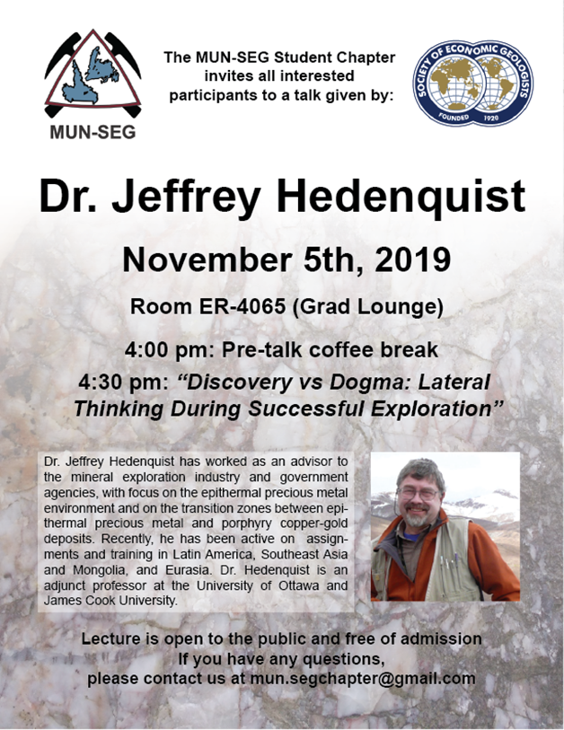 We're very excited to announce that Dr. Jeff Hedenquist will be giving a talk next week on Tuesday, November 5th starting at 4 with a coffee social and the talk to follow at 4:30pm. Details attached, see you there! (<a href="/SocietyEconGeol/">Society of Economic Geologists</a> <a href="/MUN_EarthSci/">MUN Earth Sciences</a> @MUN_Science #scicomm #geology)